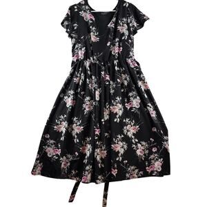 Noctflos Floral Midi Dress Womens XL Roses Lined Tie Back Black Romantic Cottage
